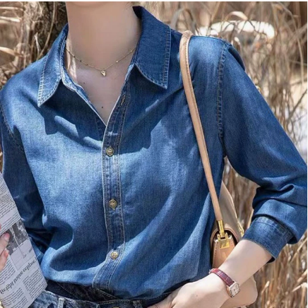 不卷边深蓝色软牛仔衬衫女秋冬季内搭叠穿长袖衬衣