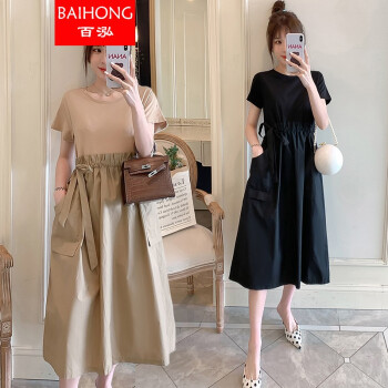 胖人女装夏季新款大码女装胖mm宽松遮肚子显瘦拼接连衣裙胖