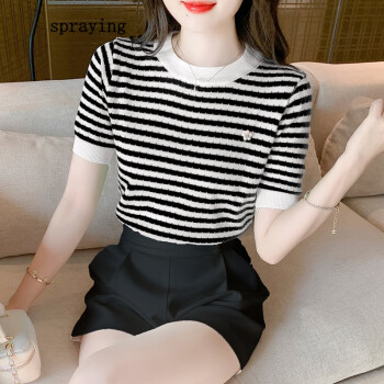 设计夏季薄款条纹短袖女夏装新款上衣设计感小众 设计夏季薄款条纹短袖女夏装新款上衣设计感小众